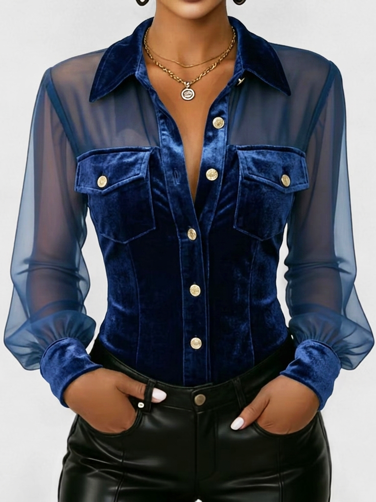 Elegant And Sexy Velvet Shirt With Mesh Sheer Sleeves