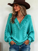 Boho Chic Oversized Faux Fur Trim Cable Knit Sweater