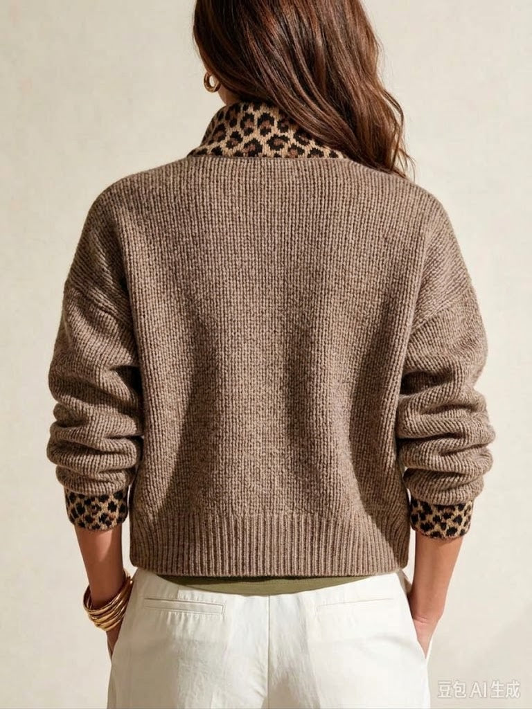 Leopard-paneled Knit Zip-up Jacket