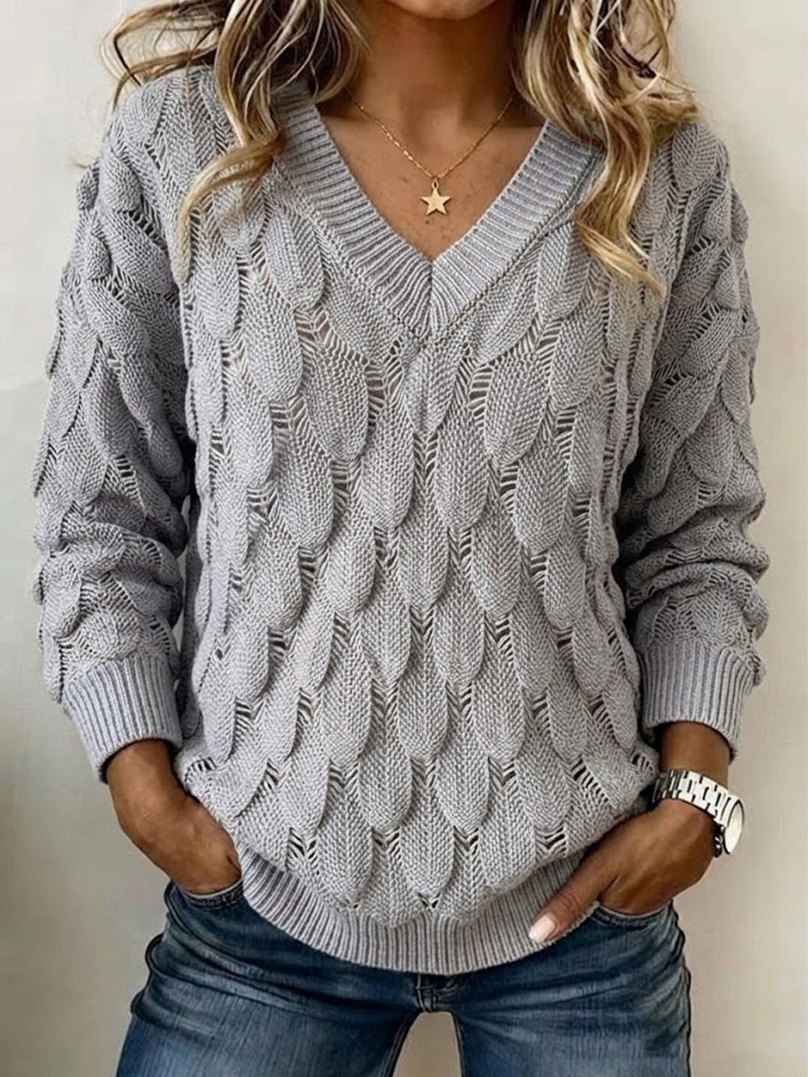 Open-knit V-neck Long-sleeve Sweater With Feather-like Texture