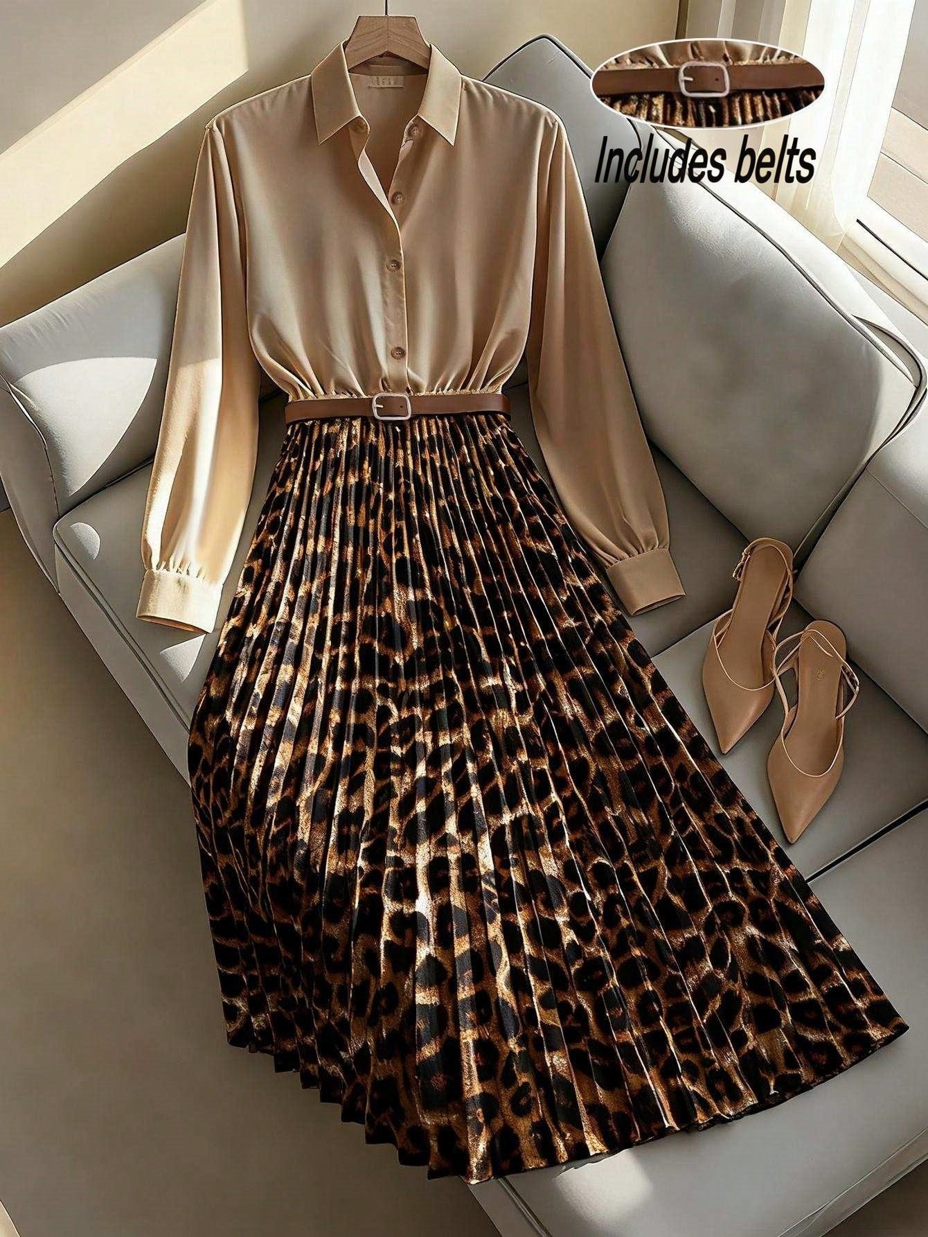Cozy Apricot Satin Dress With Pleated Leopard Print Panels (includes Belt)