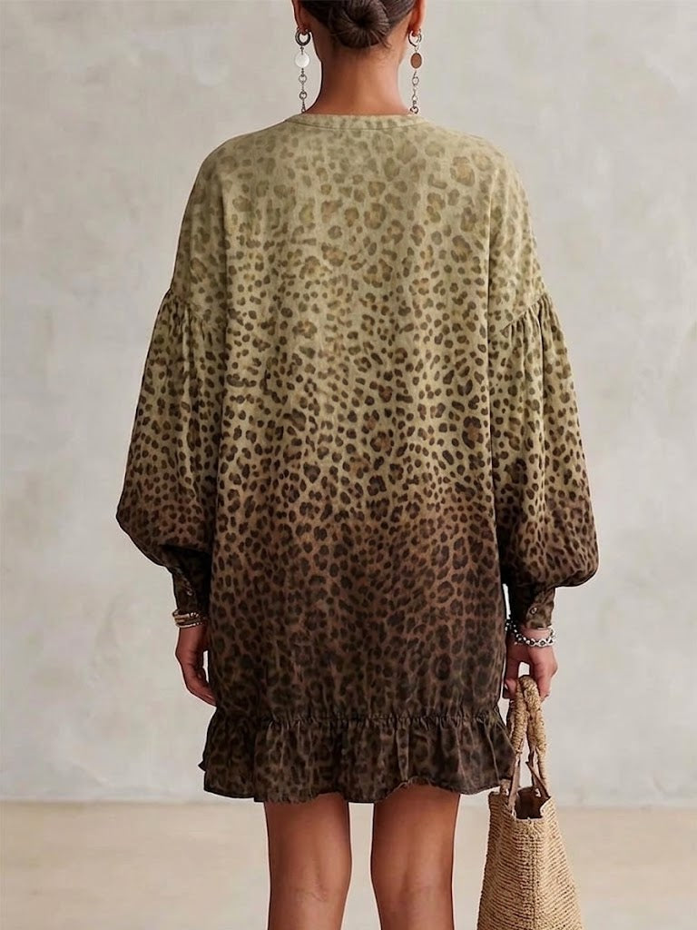 Gradient Leopard Stand Collar Half Placket Lantern Sleeve Ruffle Hem Loose Shirt Mini Dress