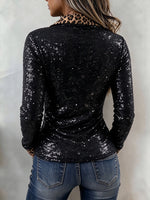 Glamorous Sequin Half-Zip Leopard-Trim Top