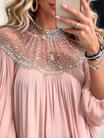 Elegant Sparkly Rhinestone Pleated Chiffon Party Top