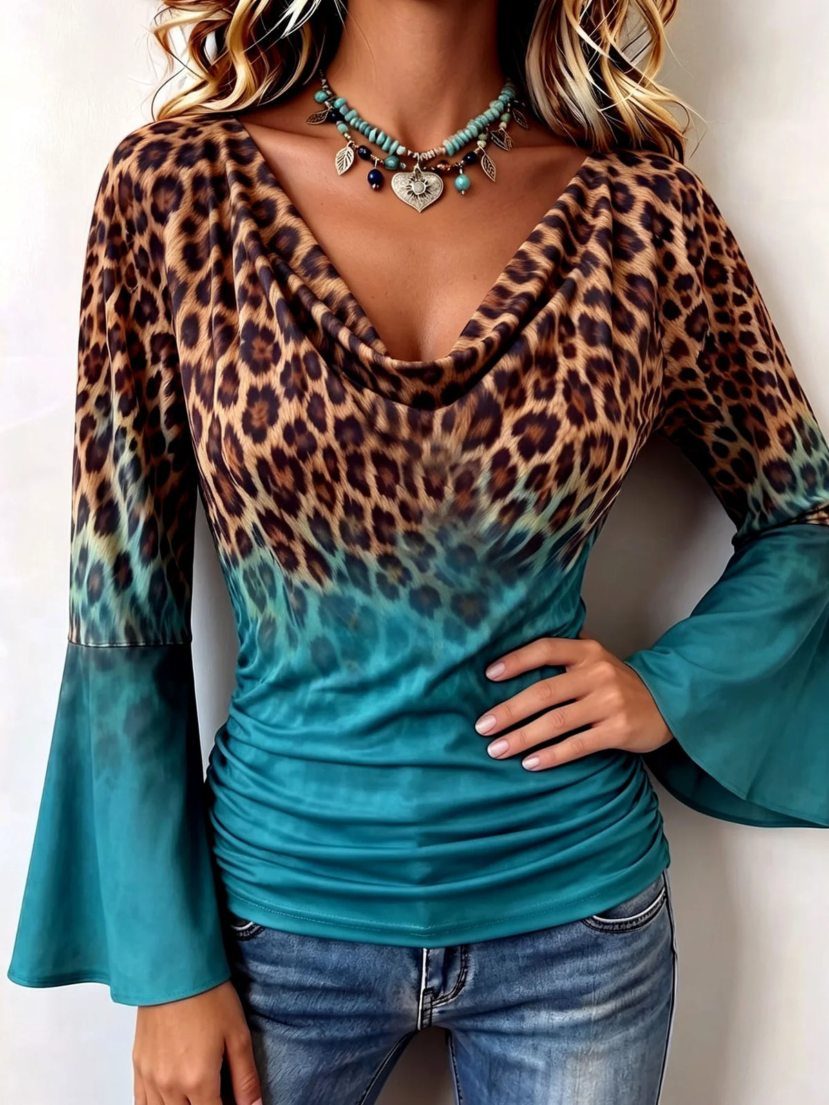 Boho Leopard Ombre Flare Sleeve Stretch Casual Blouse