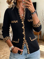 Chic Color-block Knit Cardigan With Leopard Print Panels