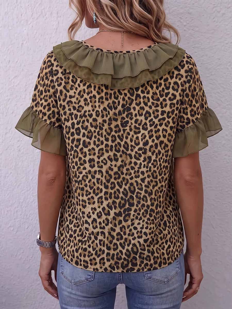 Women's Leopard Print Ruffled V-neck Short-sleeved Casual Loose Top