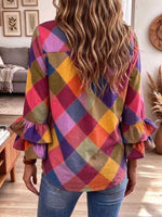 Women's Colorful Plaid Button Down Shirt With Tiered Ruffle Bell Sleeves