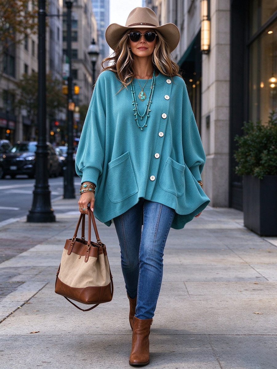 Casual Ribbed Asymmetric Button Pocket Top