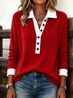 Chic Contrast Button-down Ribbed Knit Top