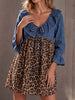 Women's Ruffled V-neck Three-quarter sleeve Casual Loose Denim Patchwork Leopard Print Top