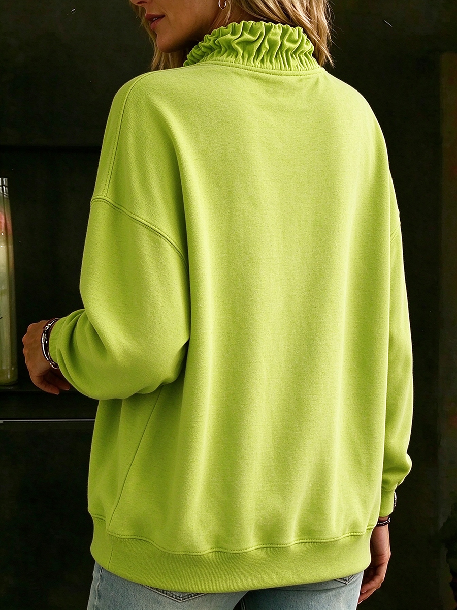 Casual Chic Oversized Ruffled Quarter-zip Green Sweatshirt