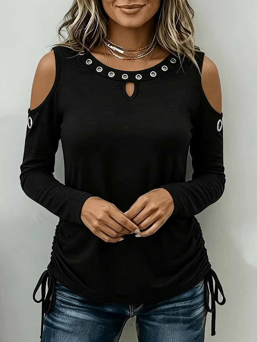 Women's Cold Shoulder Grommet Detail Ruched Drawstring Top