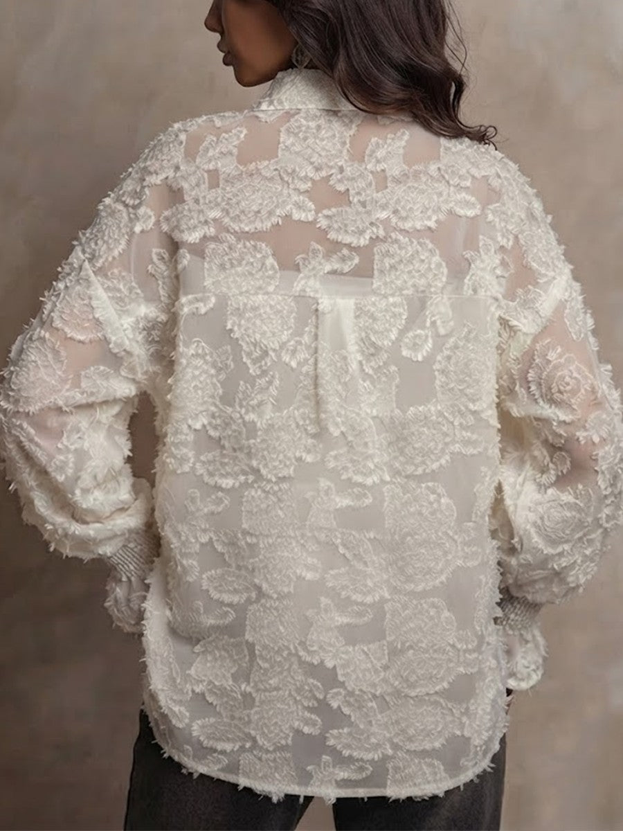 Chic, Sun-protective Shirt Featuring 3d Floral Cut-out Detailing—perfect For Work Or Commuting