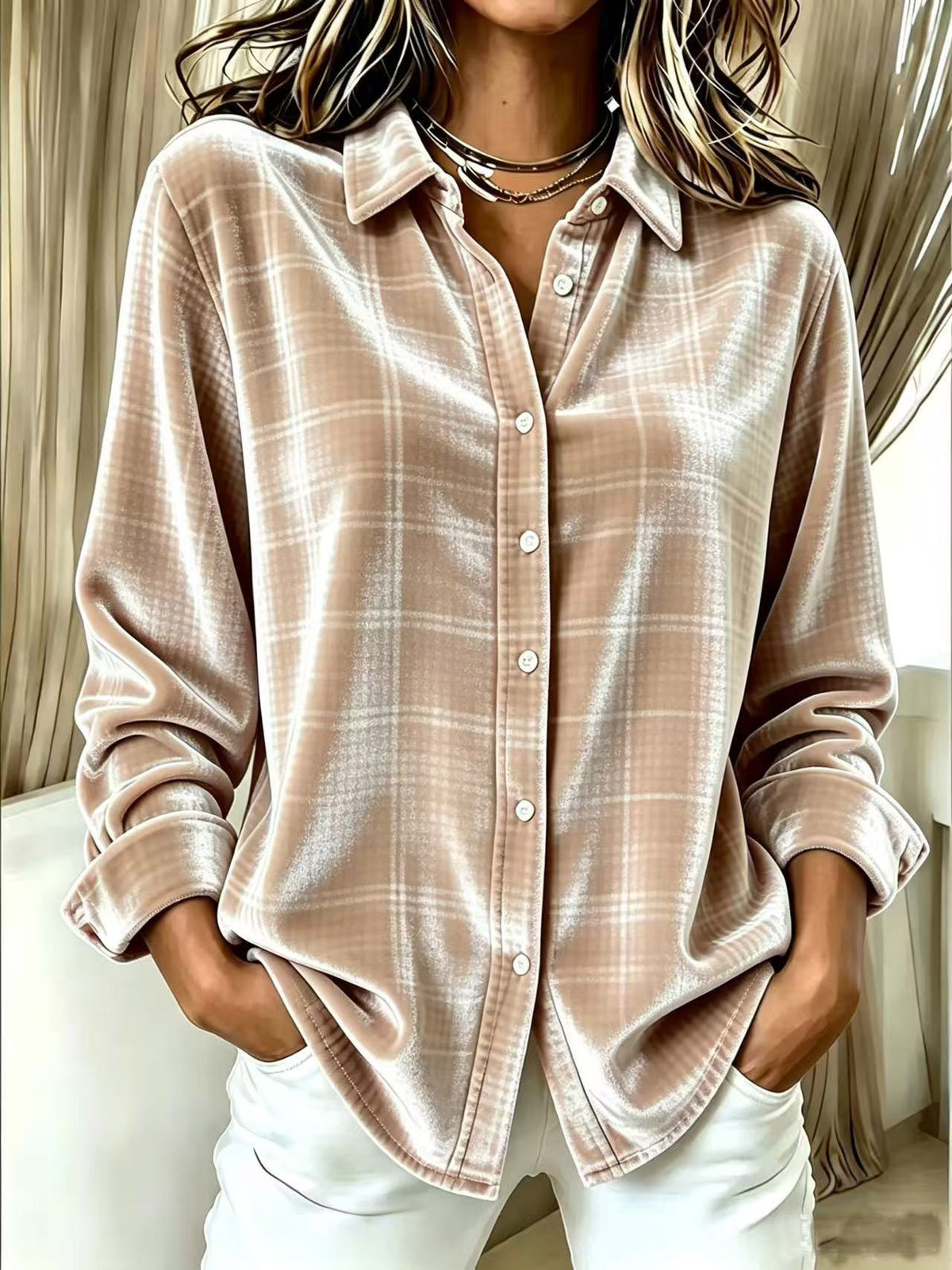 Chic Plaid Velvet Button-Down Shirt