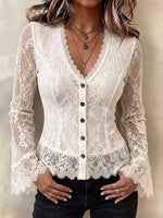 Fitted V-neck Lace Top With Flared Sleeves