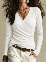 Women's Ribbed Knit Faux Wrap V-neck Ruched Long Sleeve Top