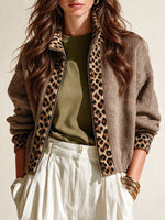 Leopard-paneled Knit Zip-up Jacket