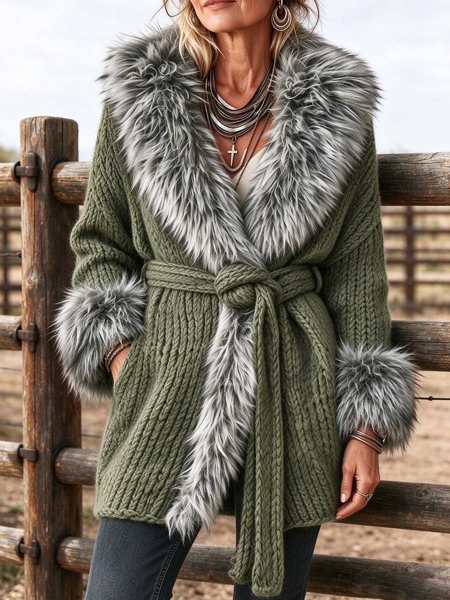 Chic Luxurious Faux Fur Trim Belted Cardigan Jacket