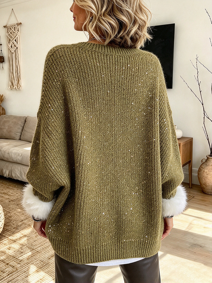 Glamorous Green Sequin Cardigan With Faux Fur Cuffs