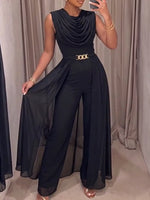 Chic Black Draped Chiffon Layered Jumpsuit