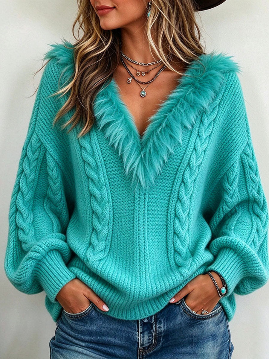 Boho Chic Oversized Faux Fur Trim Cable Knit Sweater