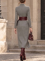 Elegant Vintage-style Leather Belt Wrap Midi Dress
