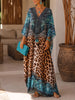 Loose-fitting, Cozy Cotton-blend Long Kaftan Dress Featuring A Leopard And Paisley Print.