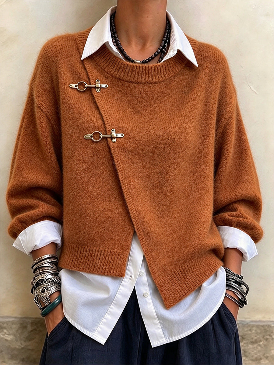 Casual Caramel-colored Asymmetrical Knit Top With Metal Buckle