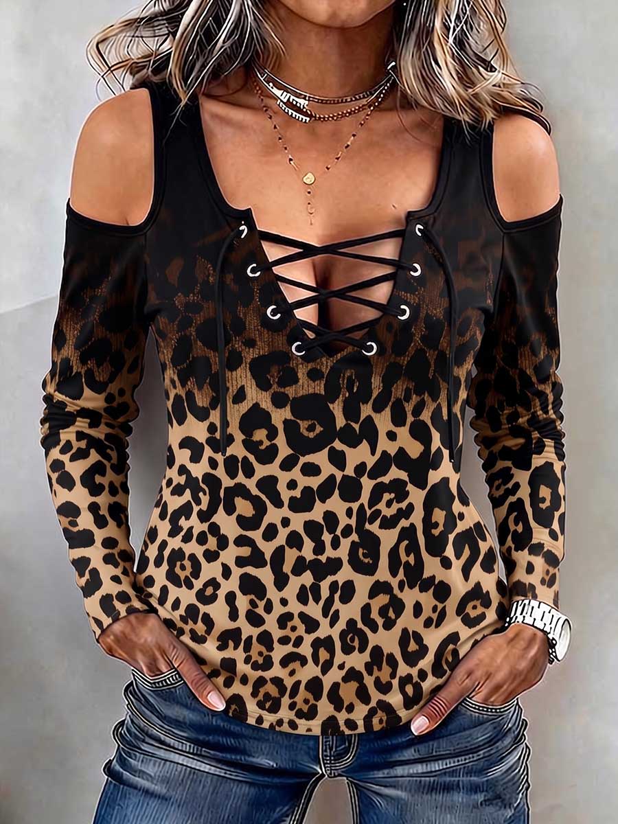 Women's Black Long-sleeve Casual Loose Top With Gradient Leopard Print, Deep V-neck, Crisscross Straps, And Off-shoulder Design