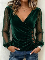 Elegant Velvet Fitted Top With Spliced chiffon Sleeves