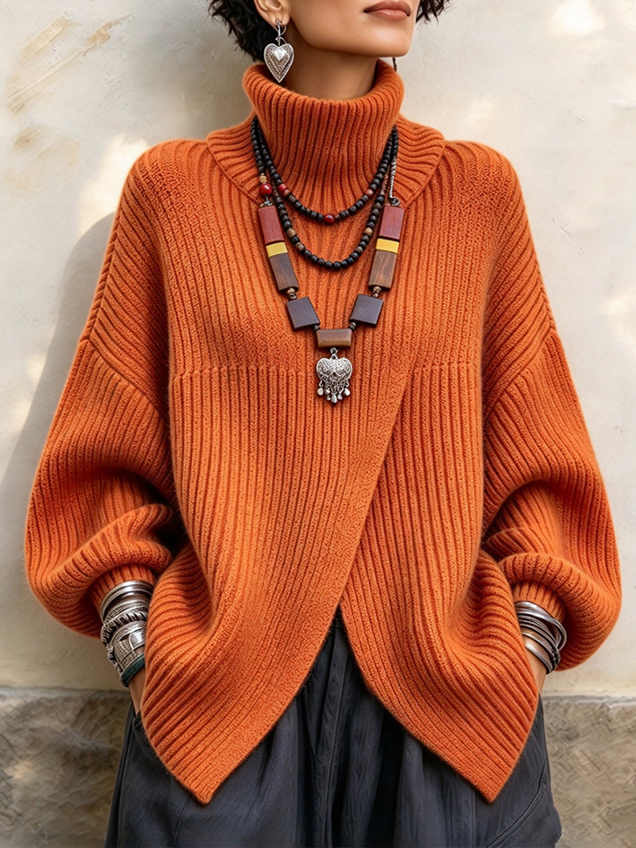 Elegant Asymmetrical Wrap Hem Turtleneck Sweater