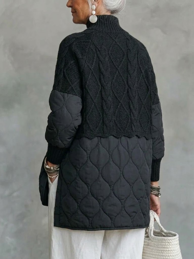 Mock-layer Jacket Featuring A High-neck Cable-knit Panel And Quilted Padded Sections