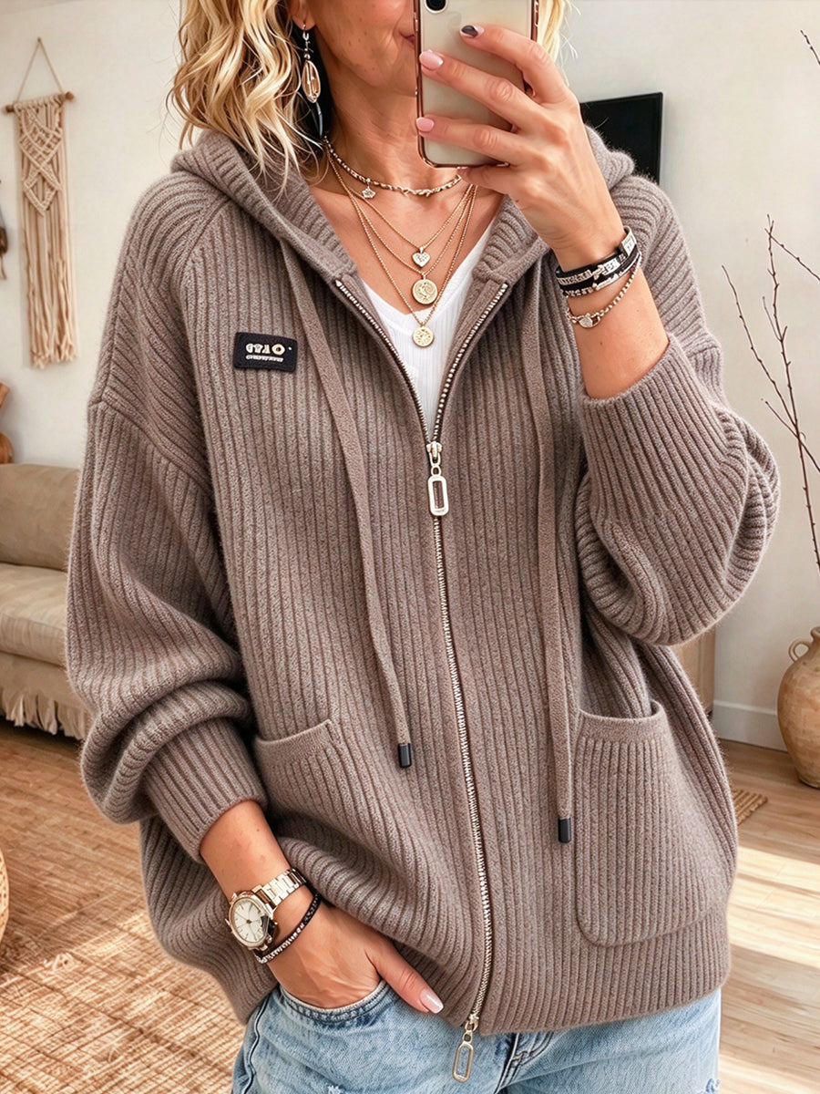 Cozy And Casual Ribbed Knit Zip-up Hooded Cardigan