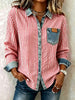 Red White Stripe Spliced Denim Collar Shirt