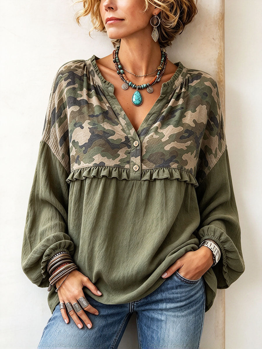 Casual Chic Camouflage Olive Green Top