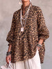 Women's Leopard Print Stand Collar 3/4 Sleeve Casual Loose Cotton Linen Top