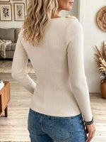 3D Rose Neckline Single-Breasted Ribbed Knit Top