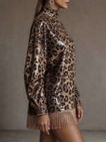 Chic Leopard-print Sequin Fringe Mini Dress