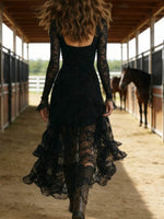 Western Style Black Lace High-Low Ruffle Dress