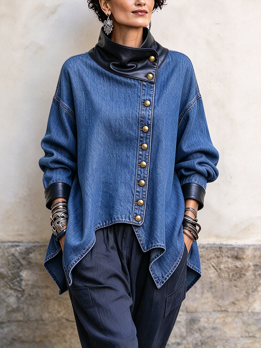 Edgy Chic Denim Asymmetrical Button Jacket
