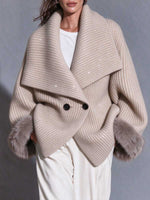 Beige Sequin-embellished Knit Coat With Faux Fur Cuffs