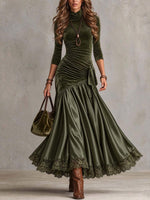Women's Vintage Velvet Ruched Maxi Dress with Lace Trim