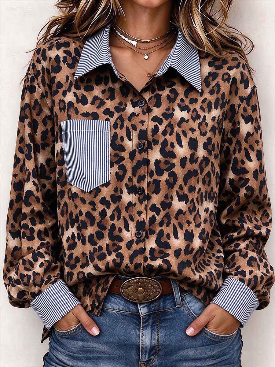 Women's Leopard Print Button Down Shirt With Striped Contrast Accents