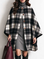 Women's Black and White Plaid Button-Front Cape Coat