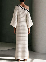 One-Shoulder Color-Block Crochet Knit Maxi Dress