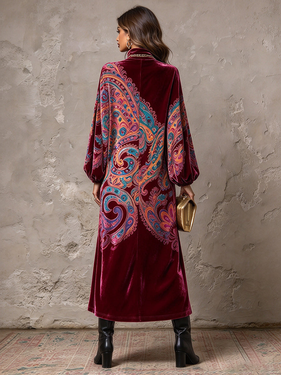 Vintage-style Paisley Print Velvet Midi Dress