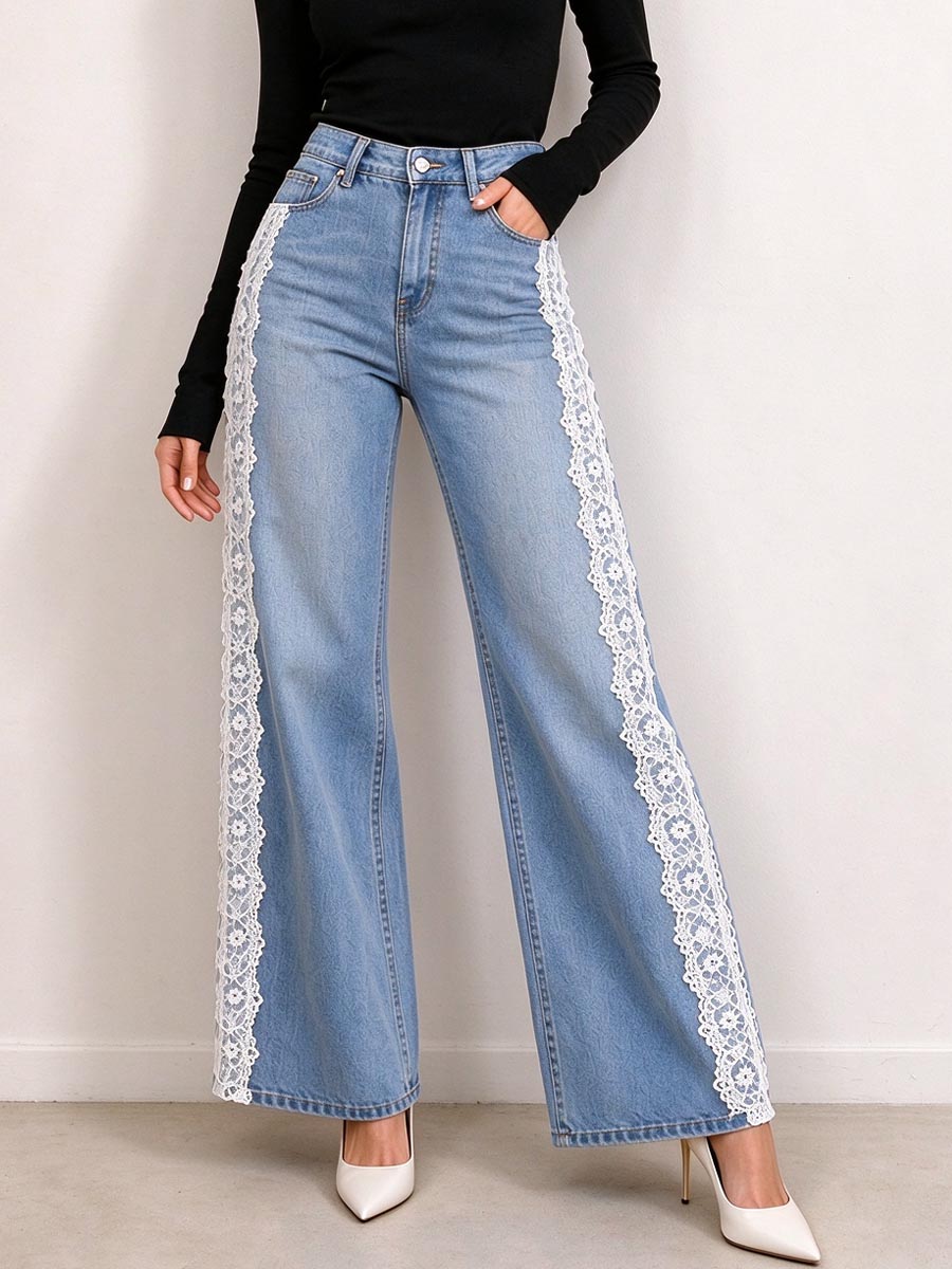 Women's High Waisted Wide Leg Jeans with Lace Side Panels