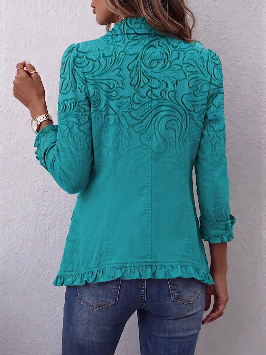 Western-style Vintage Floral Gradient Print Cotton-linen Ruffled Jacket
