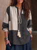 Women's Striped Printed Stand Collar 3/4 Sleeve Casual Loose Cotton Linen Top